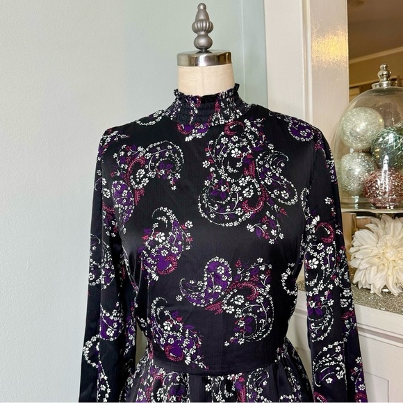 LOFT Paisley Smocked Flared Long Sleeve Floral Dress Black Purple White 8 - Picture 5 of 13